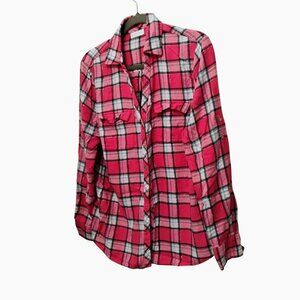 New York & Company Womens Plaid Button-Up Long Sleeve Shirt L Pink White Black